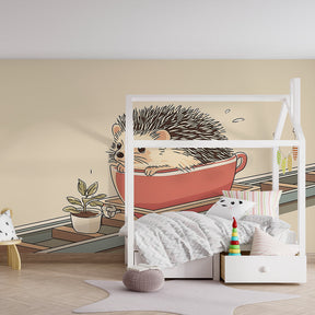 Whimsical hedgehog teacup mural wallpaper for modern kids playroom by Kids-Mundo