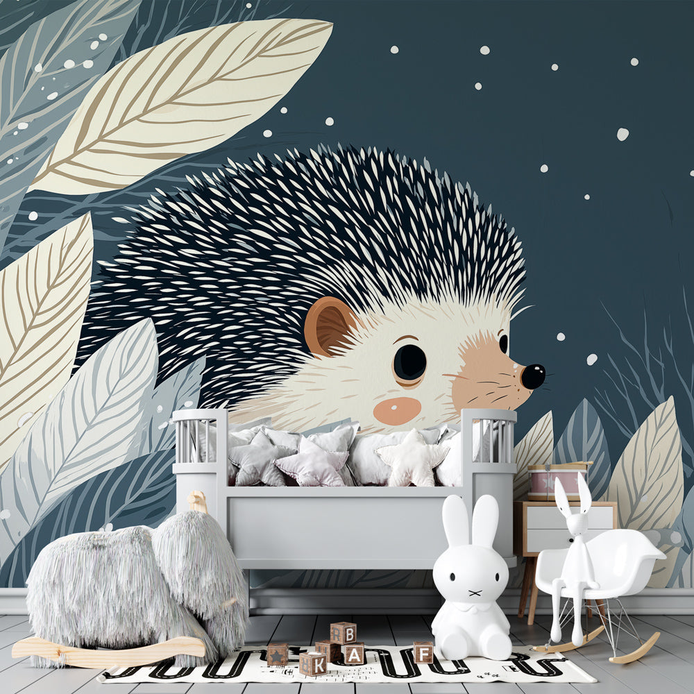 Cozy toddler bedroom with nocturnal hedgehog mural wallpaper creating dreamy atmosphere