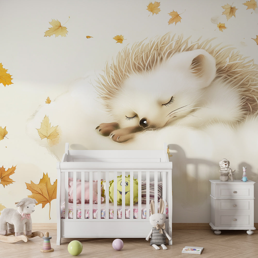 Woodland hedgehog mural wallpaper with falling leaves in kids room by Kids-Mundo