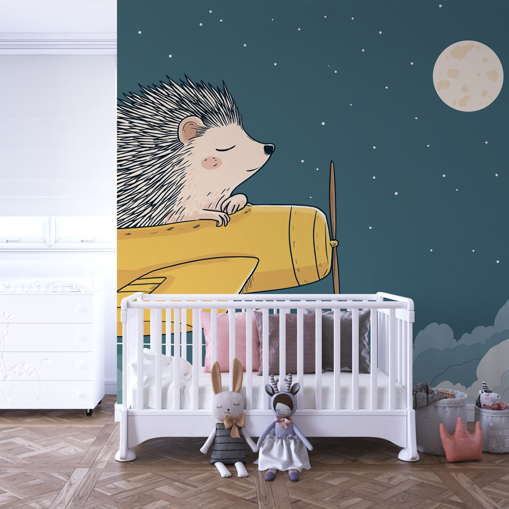 Night sky hedgehog aviation wallpaper transforming children's playroom with dreamy starry atmosphere