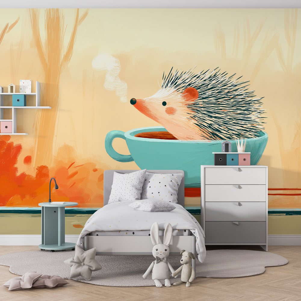 Whimsical animal mural wallpaper featuring skateboarding hedgehog in colorful kids playroom