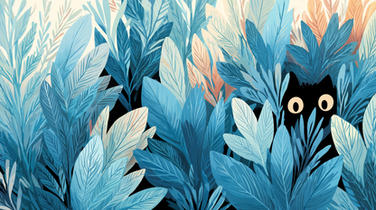 Kids-Mundo flat artwork of the blue jungle wall mural with a hidden black cat design