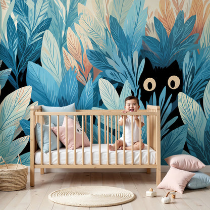 Kids-Mundo blue jungle wall mural with a hidden cat in a soft nursery corner