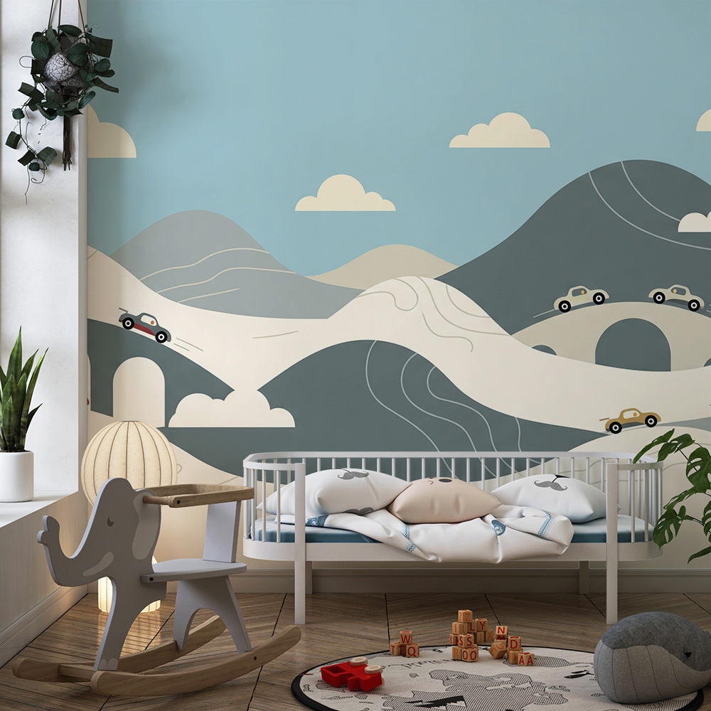 Kids-Mundo toy car and bridge wall mural, printed made to measure for a bright children's bedroom.