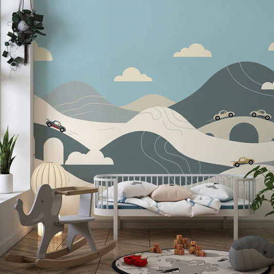 Kids-Mundo toy car and bridge wall mural, printed made to measure for a bright children's bedroom.