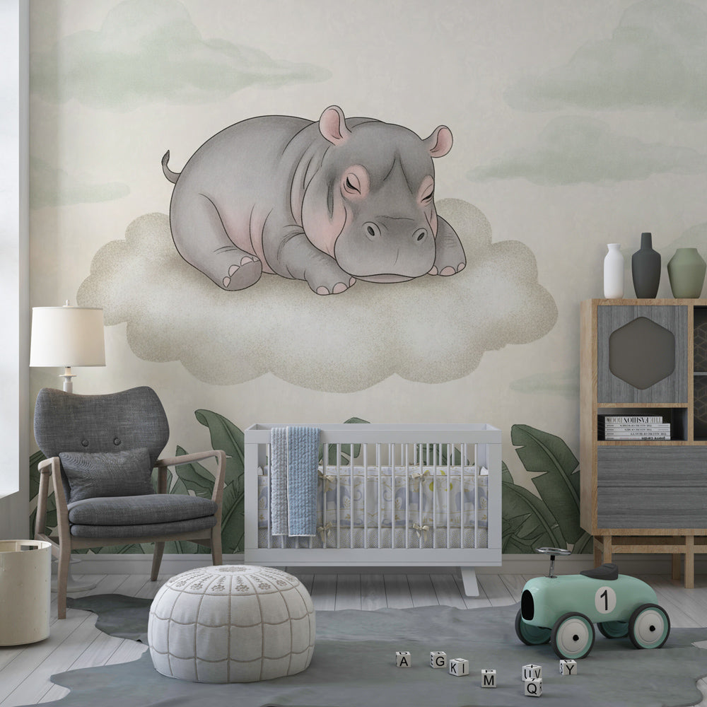 Dreamy hippo cloud wallpaper in modern children's bedroom with natural wood furniture and soft lighting