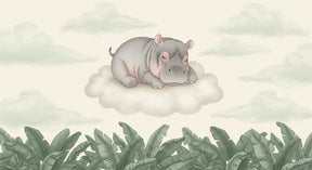 Complete hippo dreams mural wallpaper design pattern showing sleeping hippo on clouds with foliage by Kids-Mundo