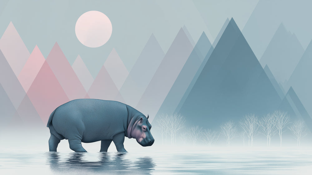 Detailed hippo mural wallpaper design pattern with dreamy landscape by Kids-Mundo