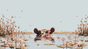 Detailed hippo aquatic habitat mural wallpaper design pattern with water lilies by Kids-Mundo