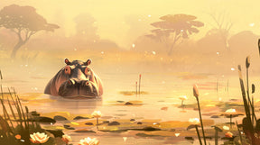 Detailed hippo in pond mural wallpaper design pattern with water lilies by Kids-Mundo