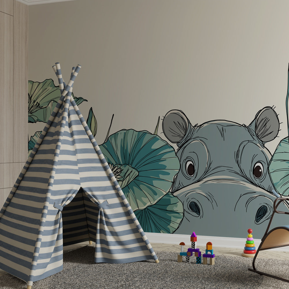 Playful hippo wallpaper creating aquatic theme in children's bedroom decor