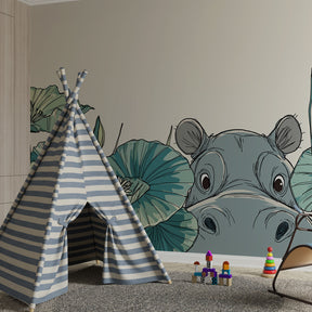 Playful hippo wallpaper creating aquatic theme in children's bedroom decor