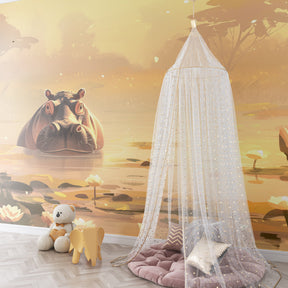 Tranquil hippo pond mural wallpaper transforming toddler room into peaceful sanctuary