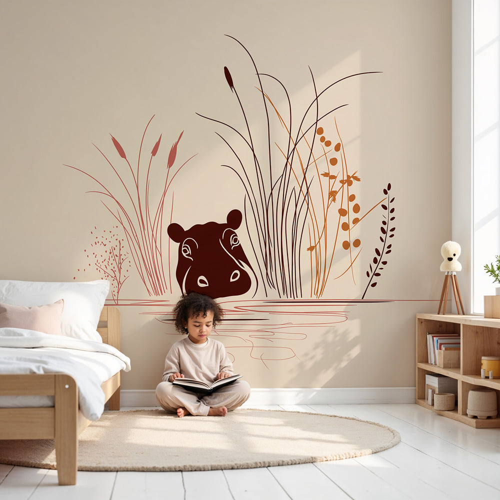 Peaceful hippo mural wallpaper in modern baby nursery with natural wood crib by Kids-Mundo