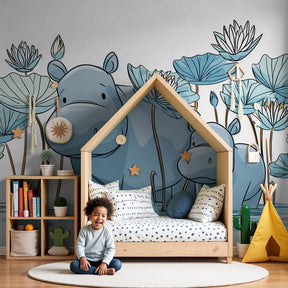Hippo aquatic mural wallpaper in peaceful blue nursery with natural wood crib by Kids-Mundo