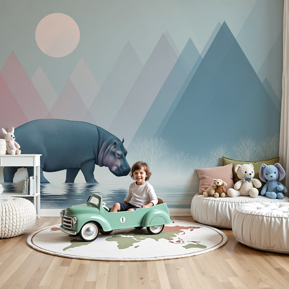 Hippo mural wallpaper in modern nursery with natural wood crib by Kids-Mundo