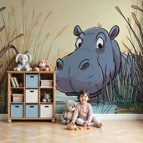 Hippo mural wallpaper creating peaceful wildlife atmosphere in modern nursery by Kids-Mundo