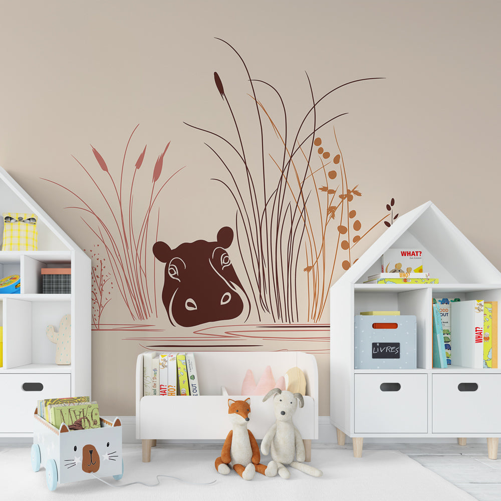 Tranquil hippo mural wallpaper with botanical elements for serene nursery environment