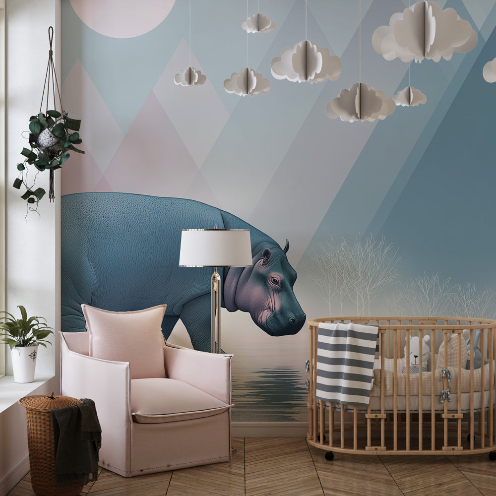 Safari hippo mural wallpaper transforming kids playroom into adventure space