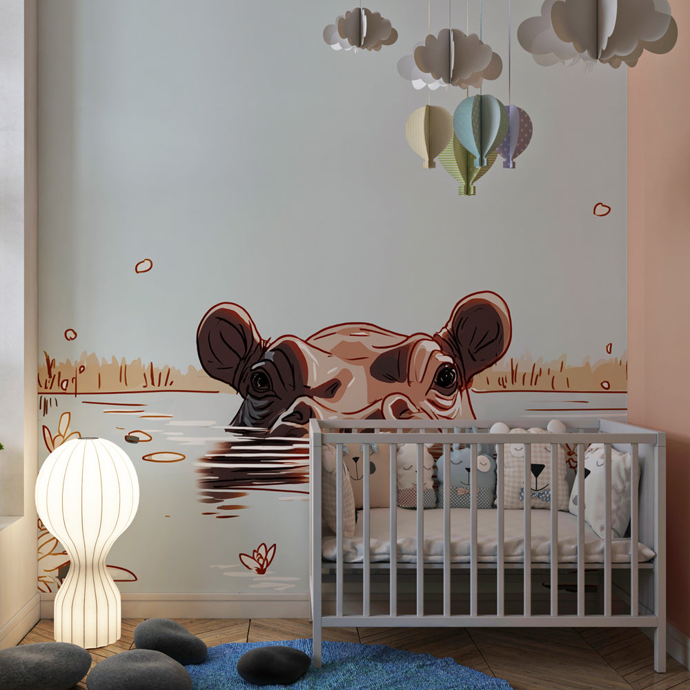 Hippo aquatic habitat mural wallpaper installed in bright kids playroom setting