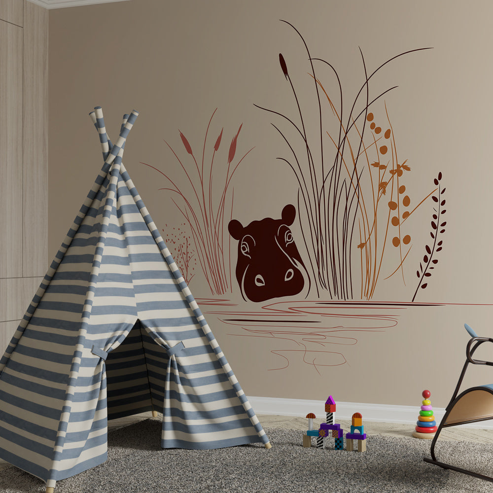 Safari hippo wallpaper creating calm atmosphere in neutral baby bedroom decor