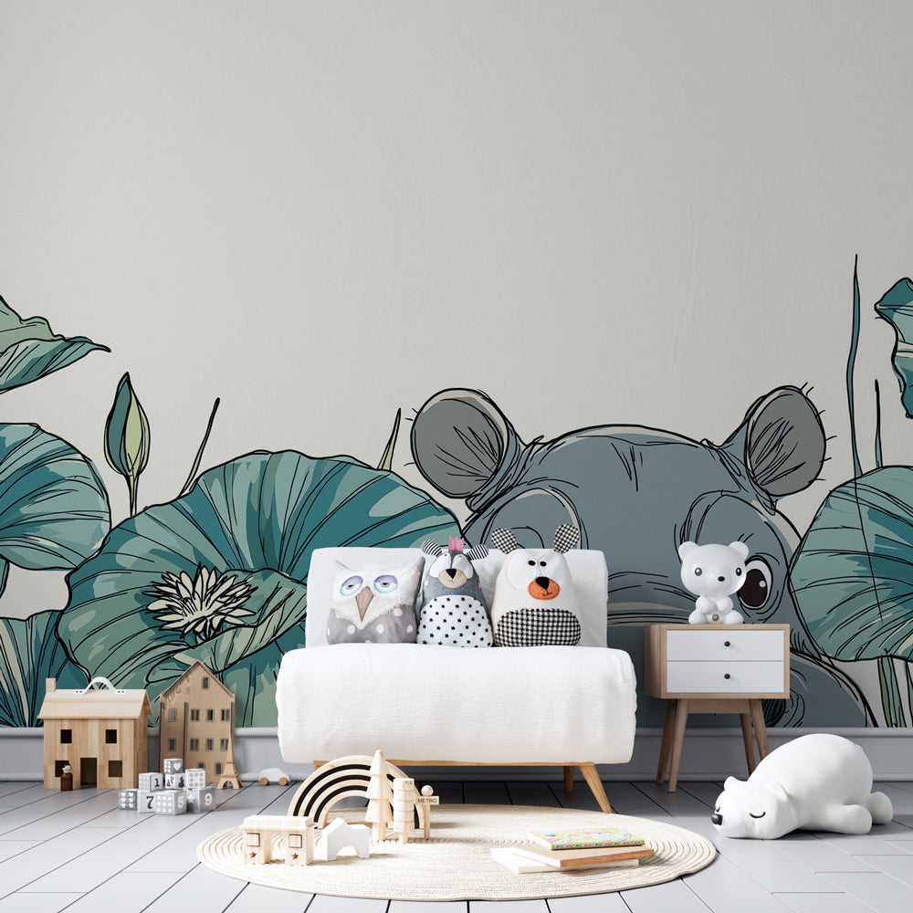 Water lily hippo mural wallpaper for peaceful toddler room by Kids-Mundo