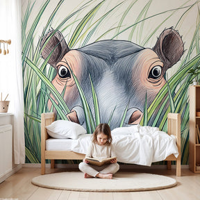 Curious hippo safari mural wallpaper creating African adventure theme in modern nursery by Kids-Mundo