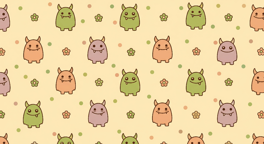 Flat artwork of the Kids-Mundo horned monster wall mural design on a sunshine-yellow background.