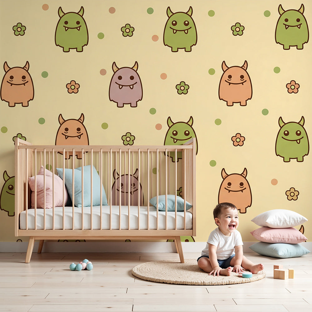 Nursery wall featuring a Kids-Mundo horned monster wall mural on a bright sunshine-yellow background.