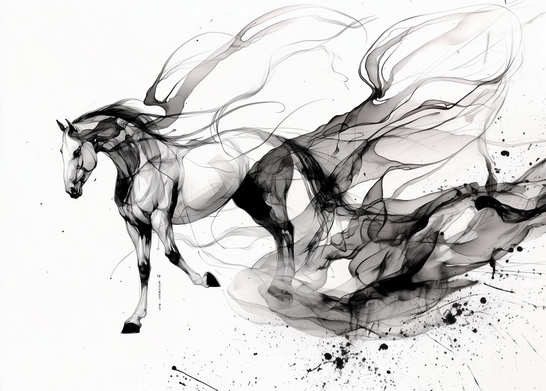 Detailed artistic horse mural wallpaper design pattern showing black ink brushstrokes by Kids-Mundo