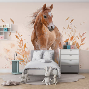 Watercolor horse mural wallpaper transforming playroom into nature sanctuary