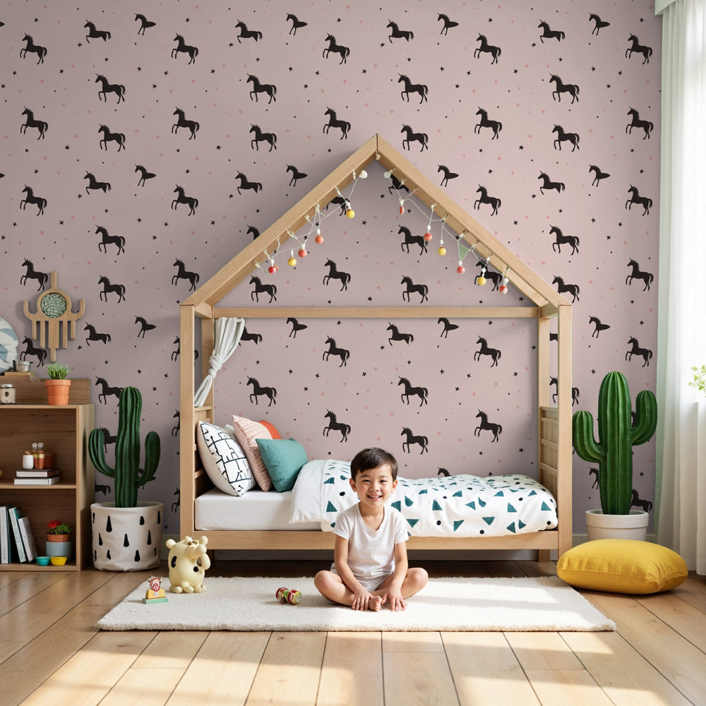 Pink horse mural wallpaper with stars creating magical nursery decor by Kids-Mundo