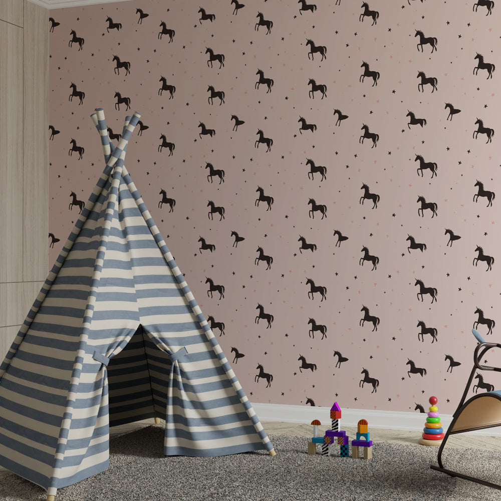 Whimsical horse mural wallpaper bringing equestrian magic to kids playroom