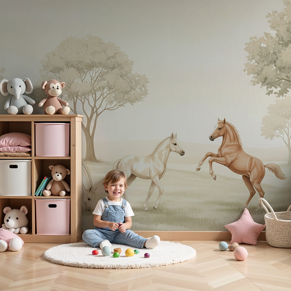 Kids-Mundo horse wall mural with gentle foals printed on a soft nursery wall