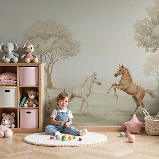 Kids-Mundo horse wall mural with gentle foals printed on a soft nursery wall