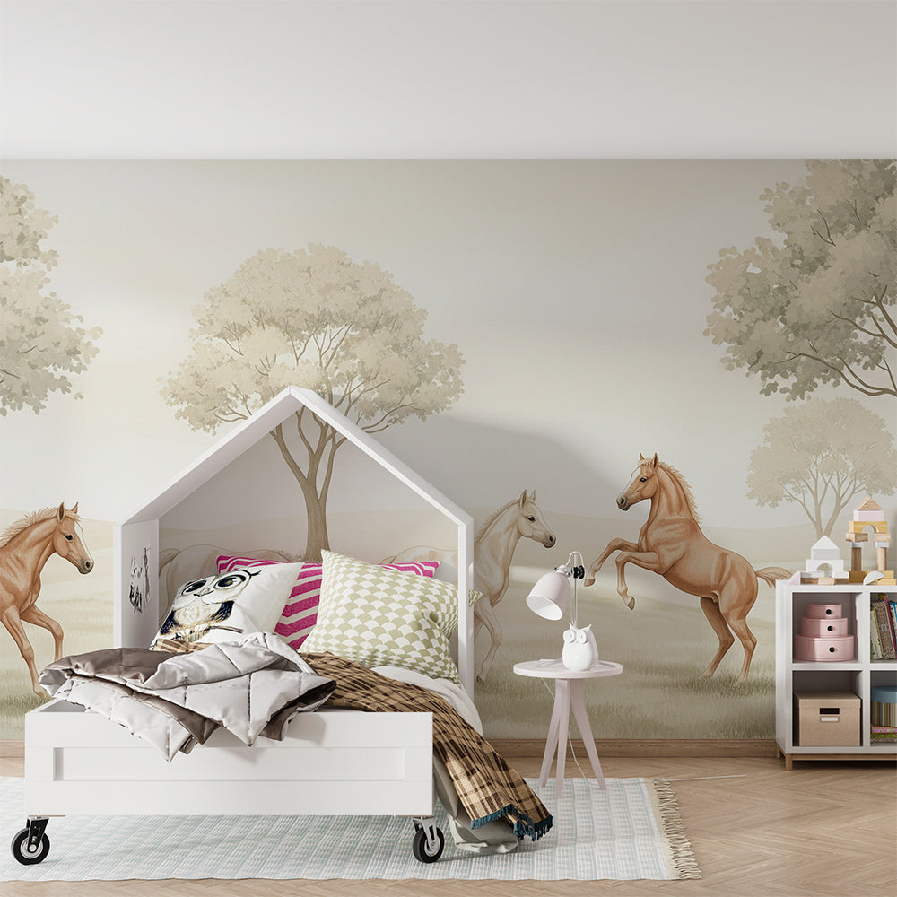 Kids-Mundo horse wall mural adding a calm, painterly meadow scene to a bright playroom