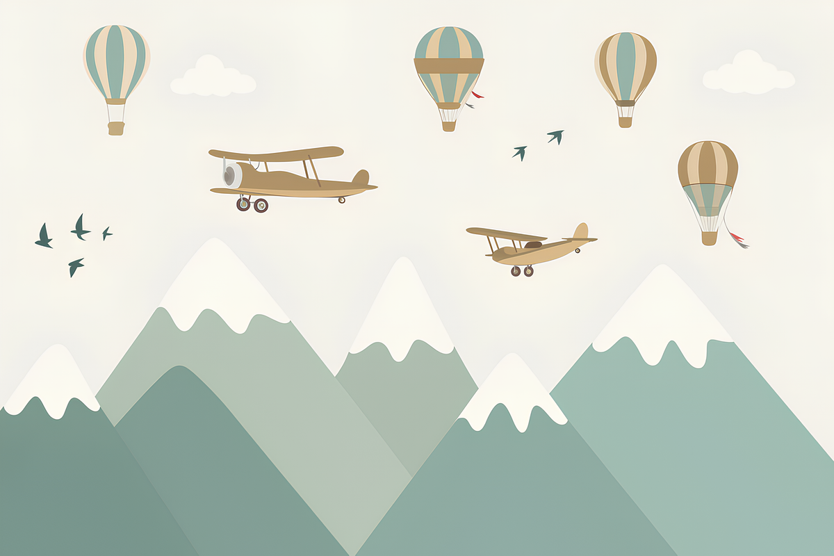 Hot Air Balloons and Biplanes over Mountains Wall Mural