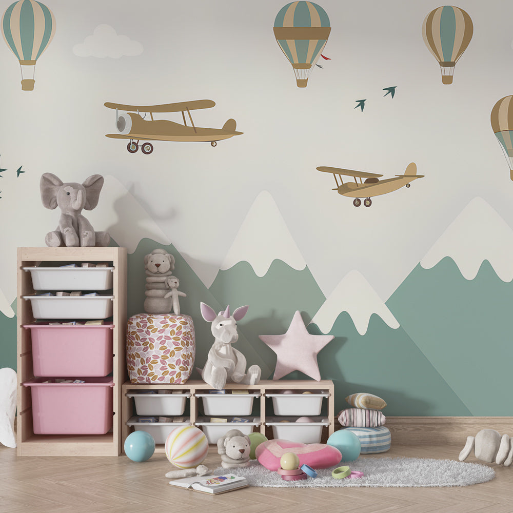 Kids-Mundo hot air balloon and biplane mural decorating a bright, airy playroom