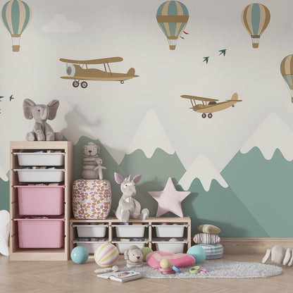 Kids-Mundo hot air balloon and biplane mural decorating a bright, airy playroom