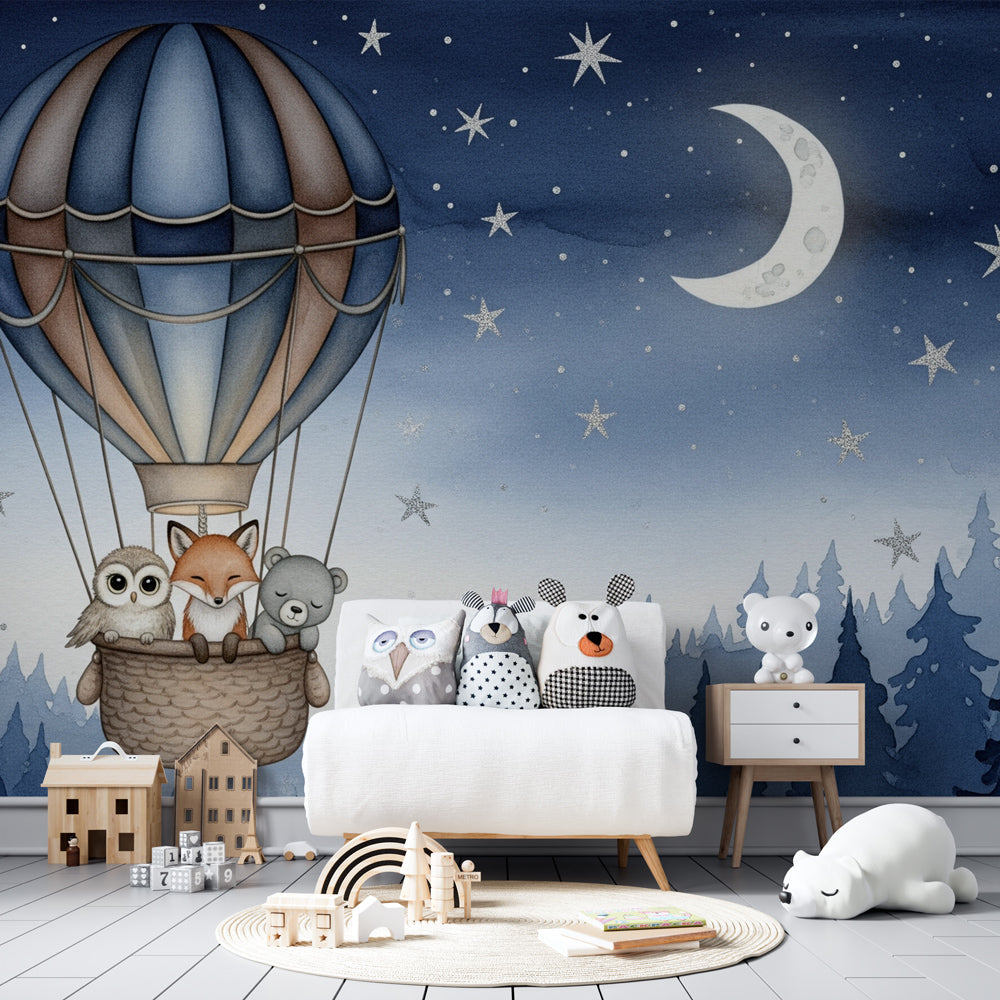 Kids-Mundo hot air balloon wall mural as a feature wall in a bright playroom with toy storage baskets