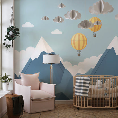 Kids-Mundo hot air balloon mountain wall mural as a feature wall behind the bed in a kids bedroom