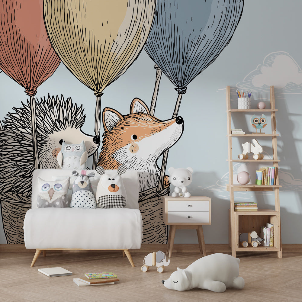 Hedgehog and fox balloon wallpaper creating peaceful atmosphere in baby bedroom decor
