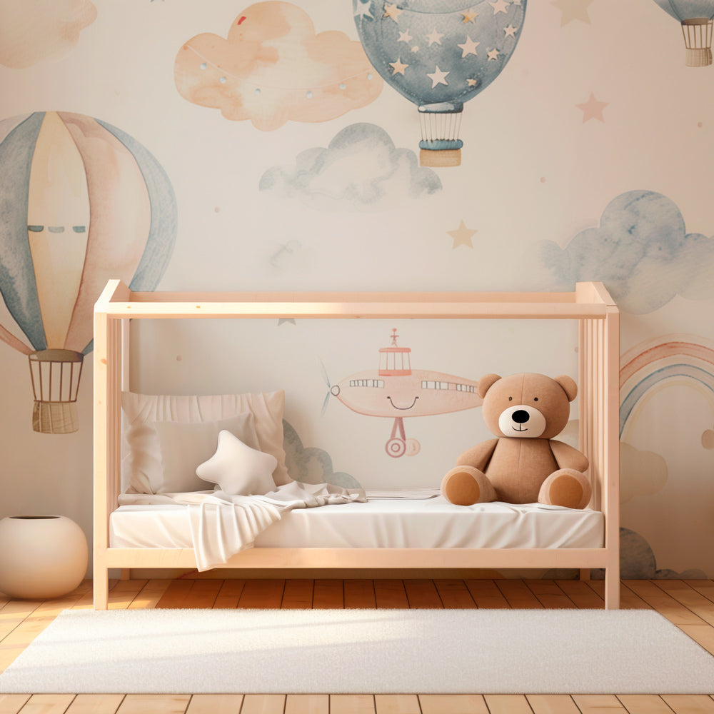 Pastel hot air balloon wallpaper in modern baby room setting with soft clouds design