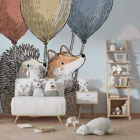 Hedgehog and fox balloon wallpaper creating peaceful atmosphere in baby bedroom decor