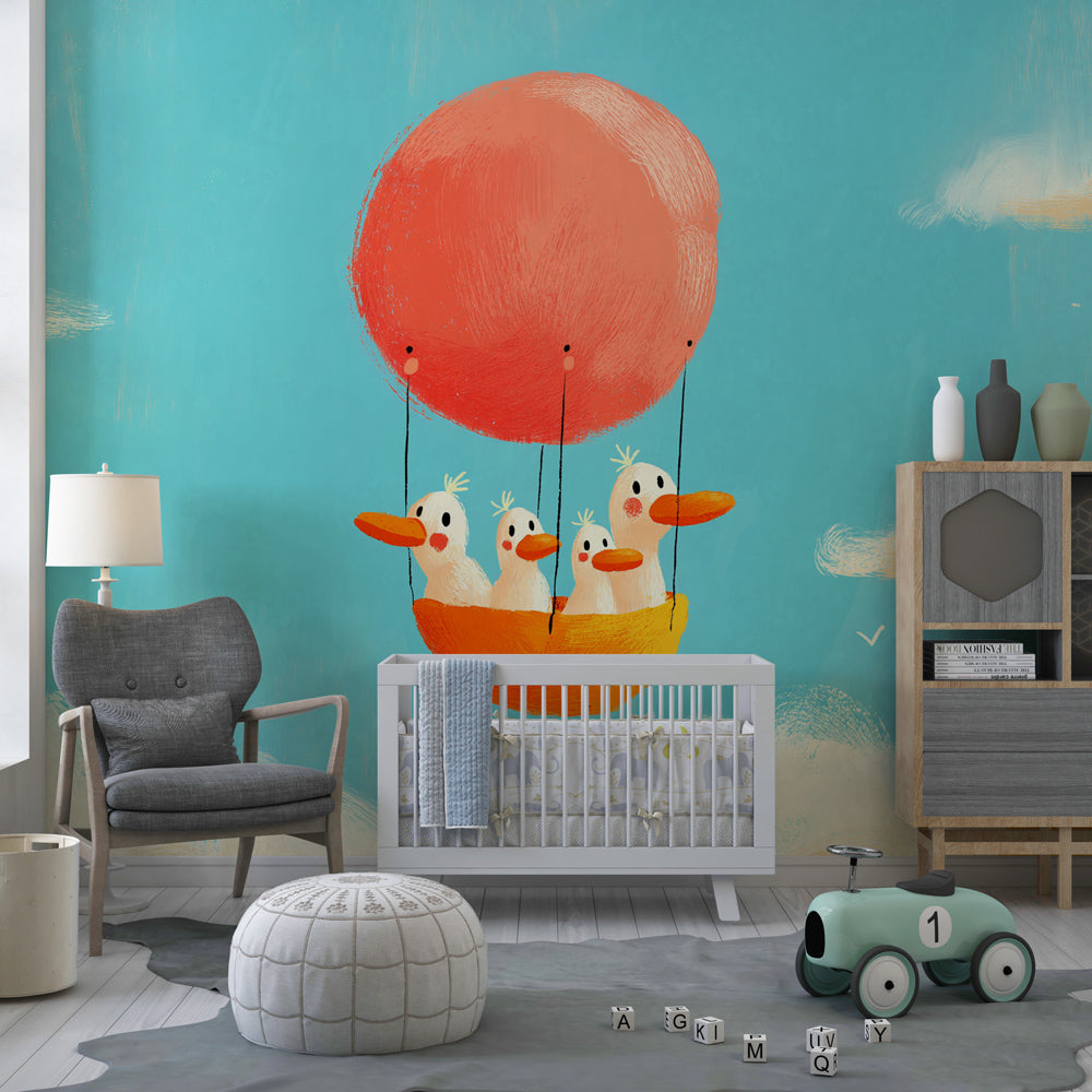 Dreamy duck balloon wallpaper creating magical atmosphere in modern baby bedroom