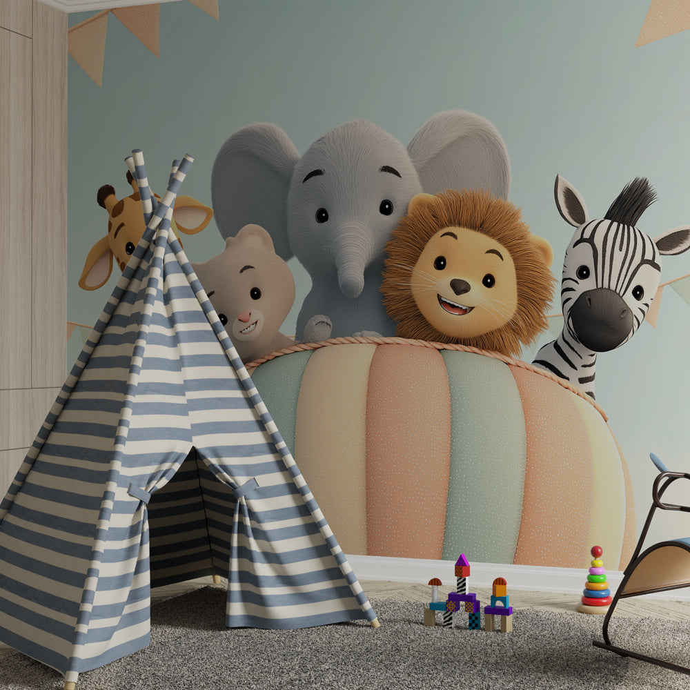 Safari animals hot air balloon wallpaper creating whimsical baby bedroom decor