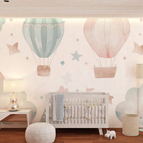Hot air balloon wallpaper with clouds transforming modern baby bedroom decor