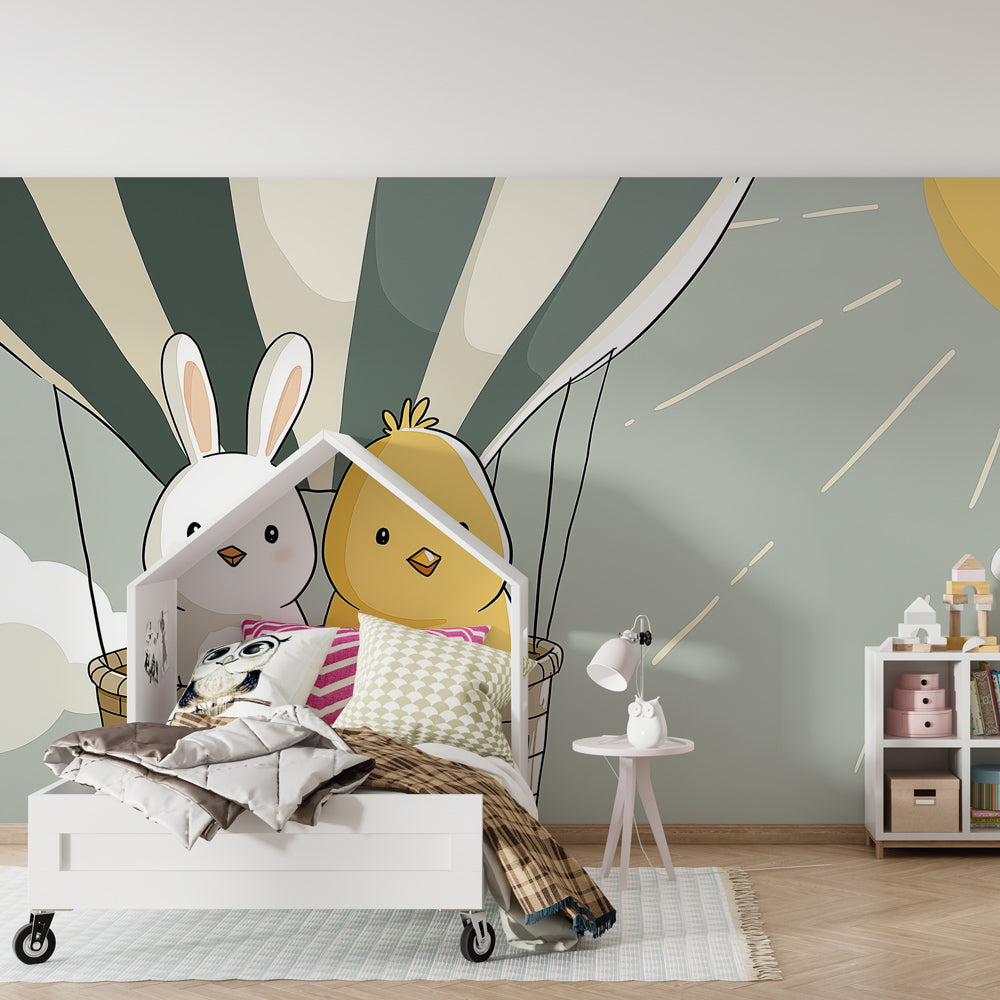 Whimsical balloon wallpaper creating dreamy atmosphere in modern baby bedroom decor