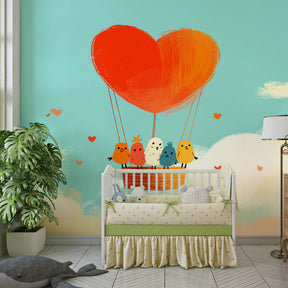 Dreamy birds in heart balloons wallpaper creating peaceful atmosphere in baby bedroom decor