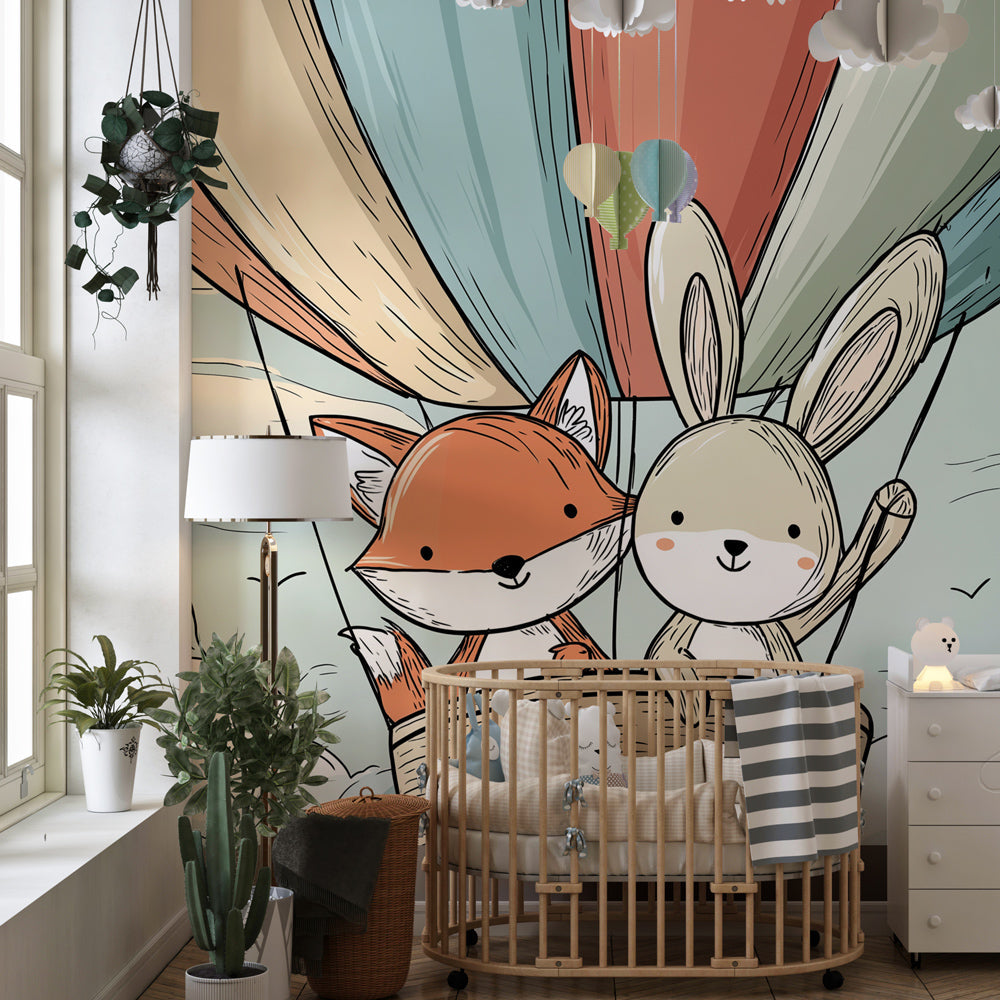 Adventure-themed hot air balloon wallpaper creating magical kids bedroom decor